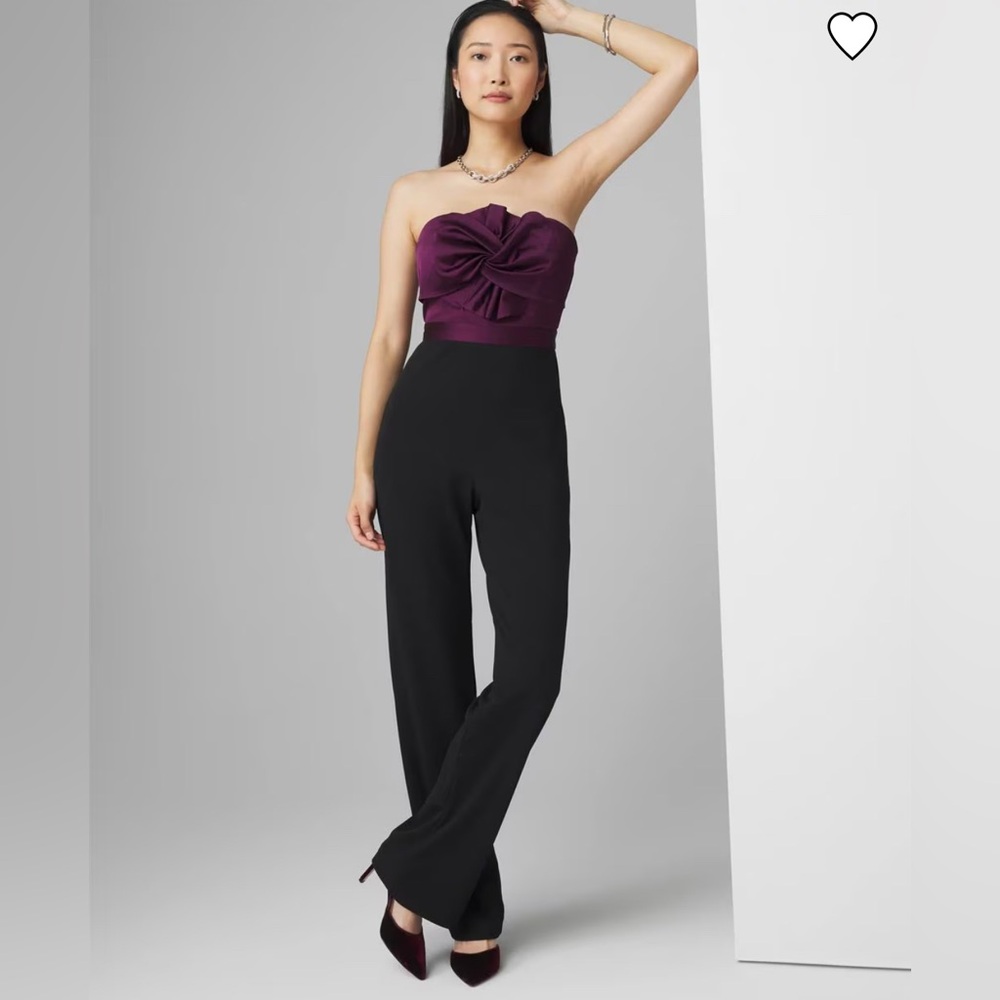 White House Black Market WHBM Strapless Twist Plum Black Jumpsuit 6 Wide Leg